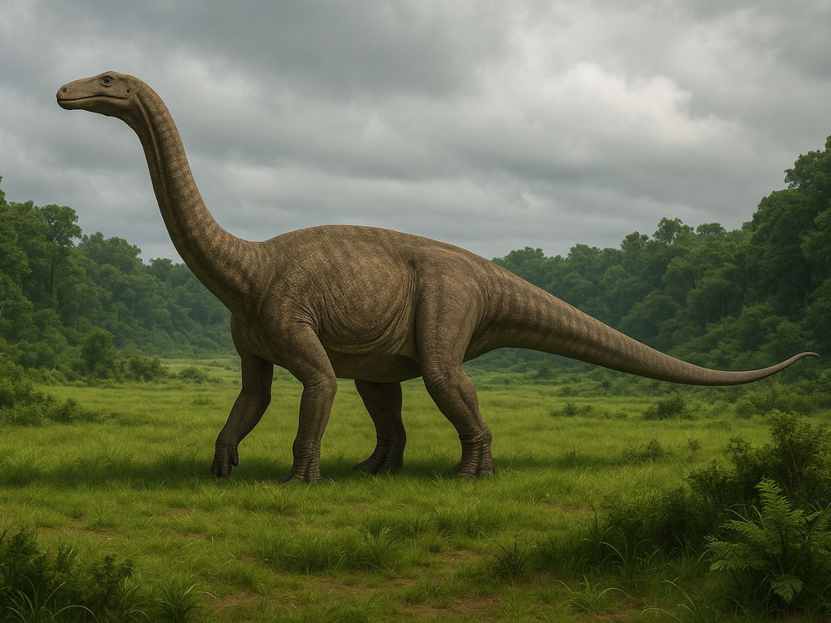 Dinossauro Xingxiulong yueorum de 10 metros caminhando em planície jurássica na China