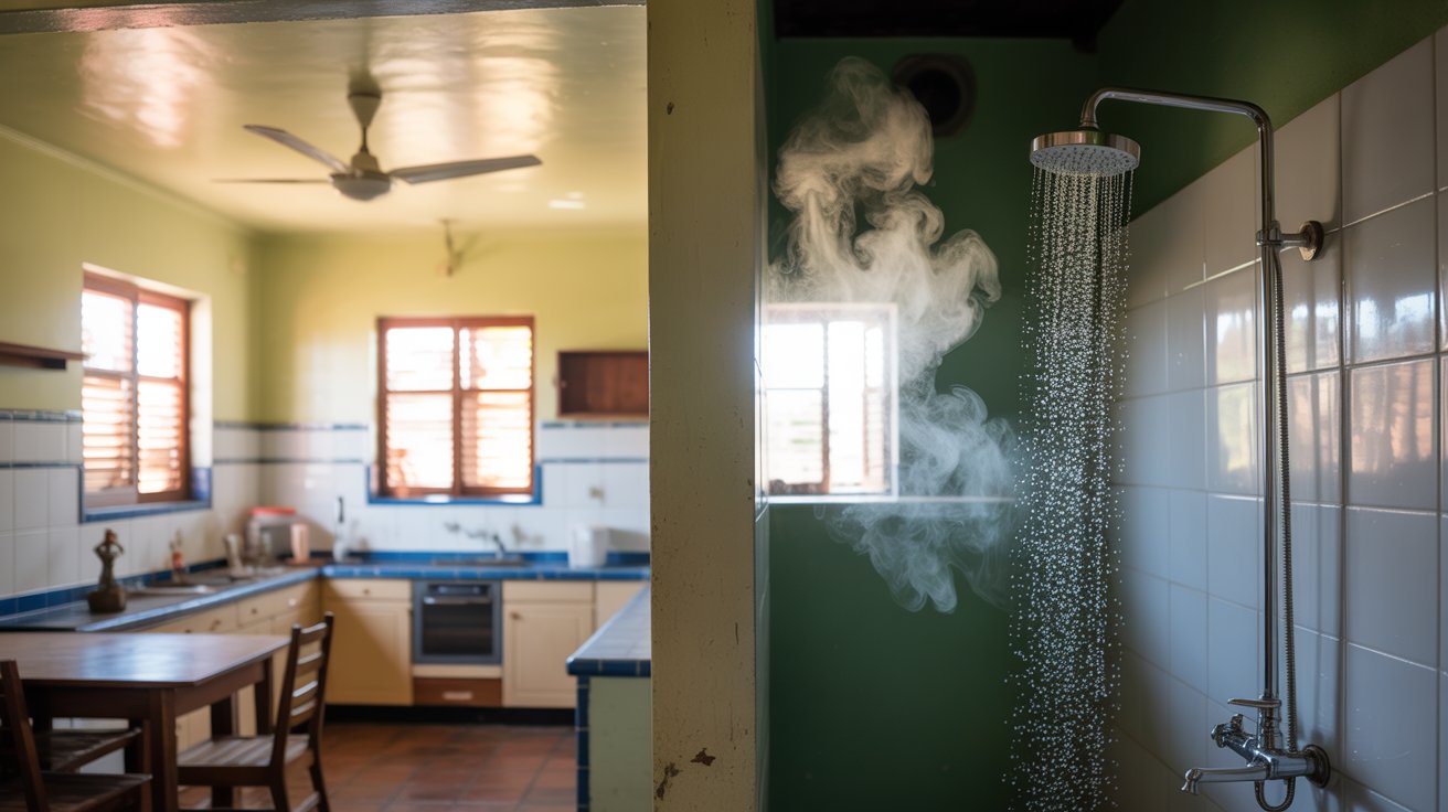 Cômodos de uma casa brasileira com eletrodomésticos típicos usados por milhões de famílias, como ventilador, fogão de resistência e chuveiro elétrico