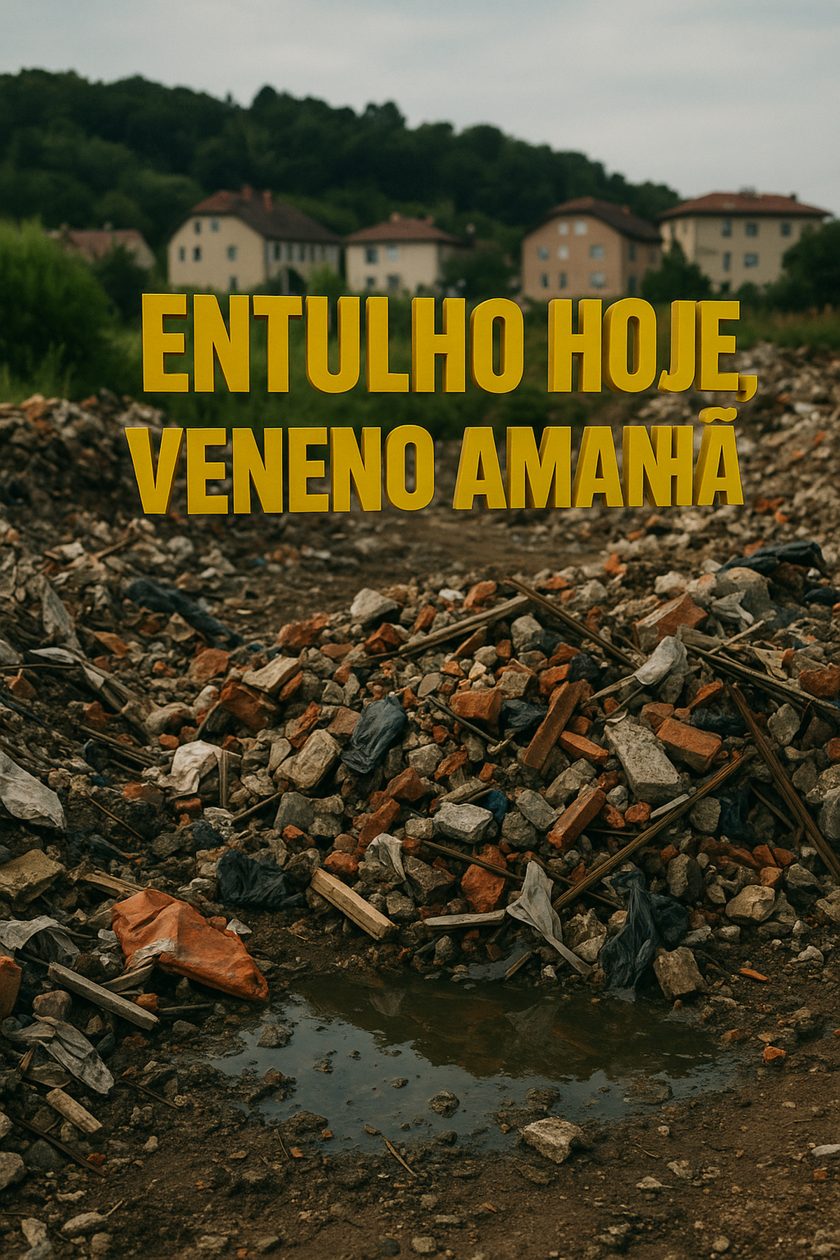 Imagem de entulho de construção descartado ilegalmente em área urbana, com frase de alerta "Entulho hoje, veneno amanhã" em destaque.