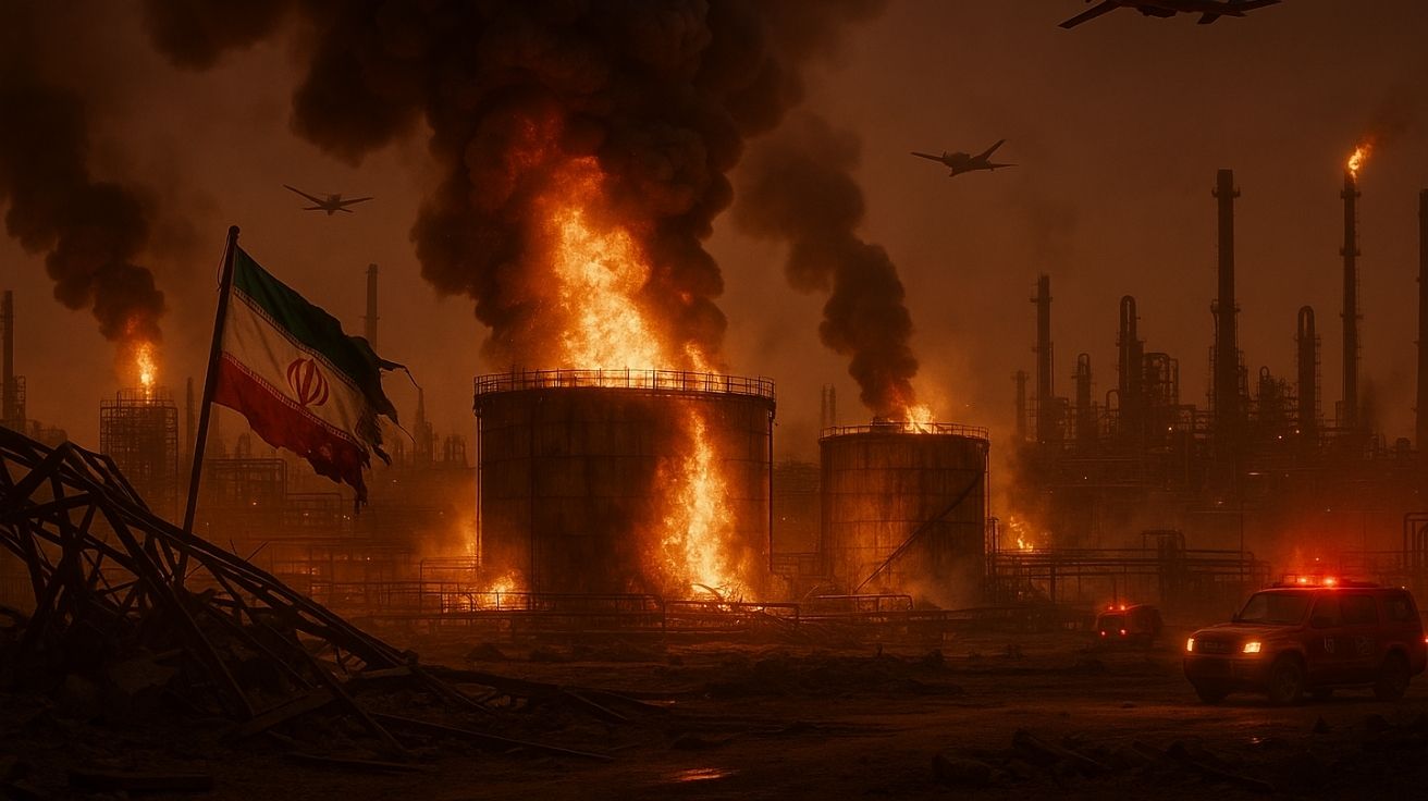 Instalação petrolífera iraniana em chamas após ataque aéreo, com tanques em explosão, fumaça densa e drones militares sobrevoando o céu noturno