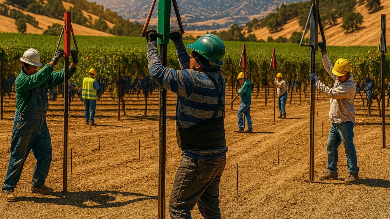 Imagem mostra fazendeiros dos EUA na Califórnia preparando o solo para colheita de uvas, retratando o trabalho rural no agronegócio americano.