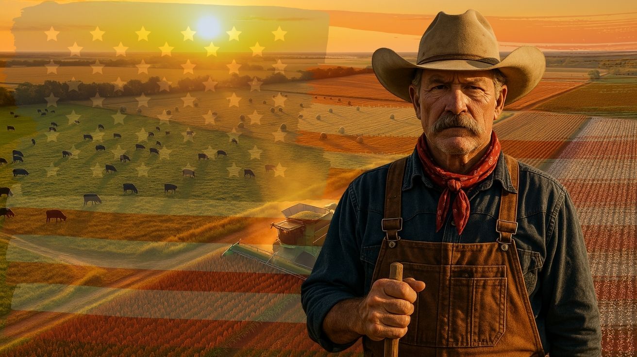 Fazendeiro texano com chapéu e lenço vermelho à frente de fazenda ao pôr do sol com gado, algodão, sorgo e bandeira dos EUA sobreposta.
