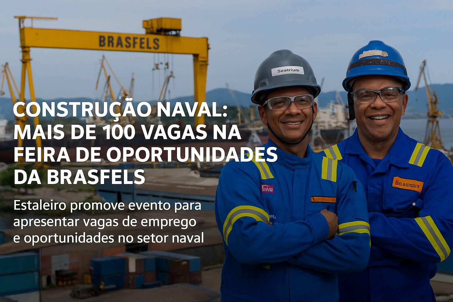 Trabalhadores da indústria naval na feira de oportunidades da BrasFELS em Angra dos Reis com estaleiro ao fundo