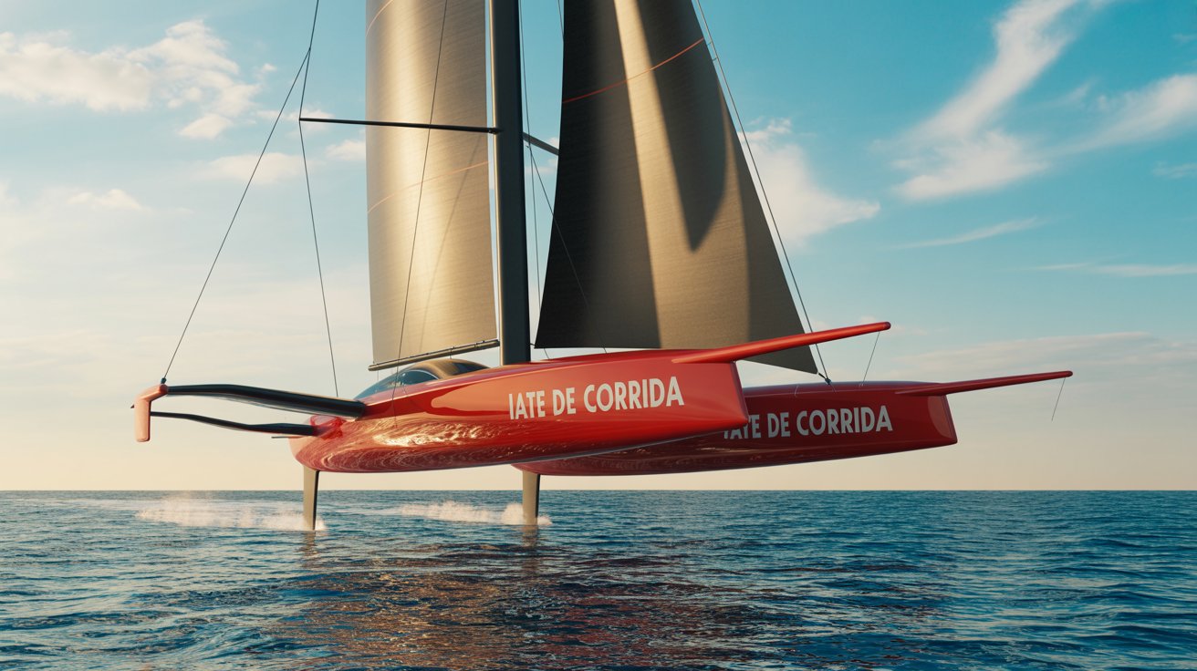 Iate Ferrari Hypersail de 100 pés navegando em alta velocidade com velas abertas e sem motor, movido por energia renovável.