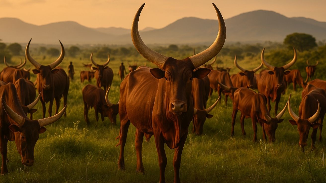 Gado de chifres grandes da raça Ankole pastando em fazenda africana, com paisagem natural ao fundo e pastores conduzindo o rebanho.
