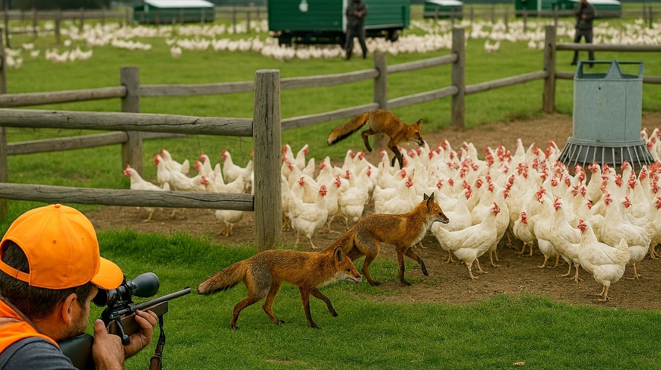 Produtor rural armado protege galinhas criadas soltas em fazenda australiana contra ataque de raposas em área de pasto rotativo com galinheiros móveis ao fundo