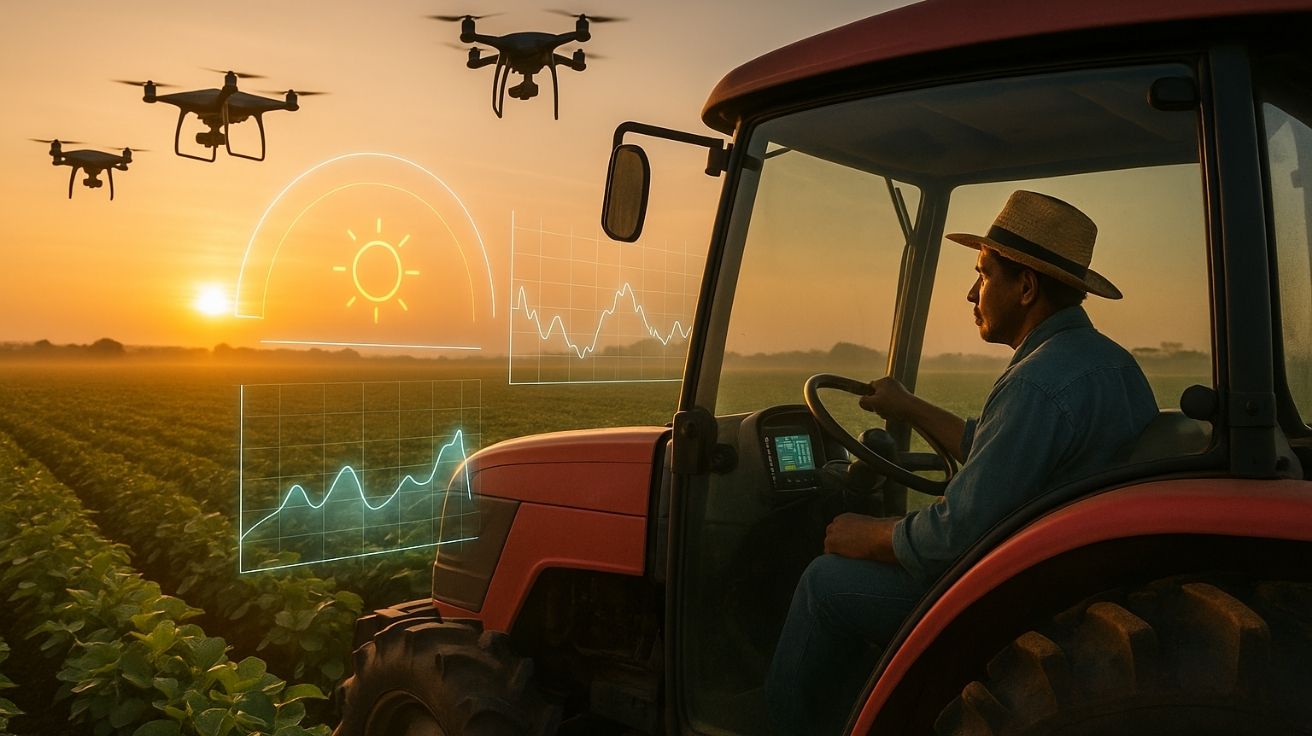 Produtor rural dirige trator com painel digital em lavoura de soja monitorada por drones e gráficos de IA ao amanhecer