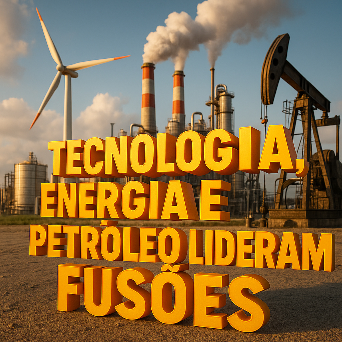 Imagem realista de usina de energia, turbina e bomba de petróleo com a frase “Tecnologia, energia e petróleo lideram fusões”
