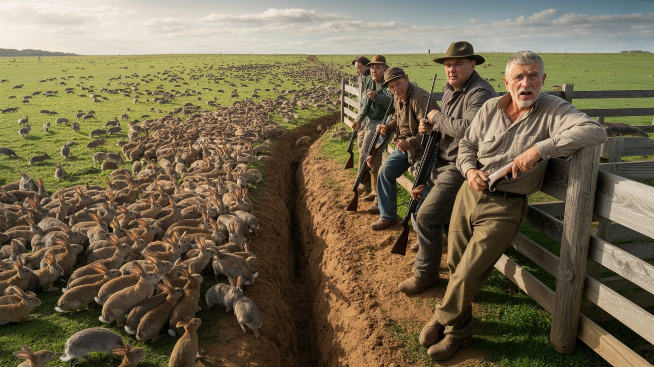 Coelhos selvagens espalhados por uma plantação devastada na zona rural da Austrália