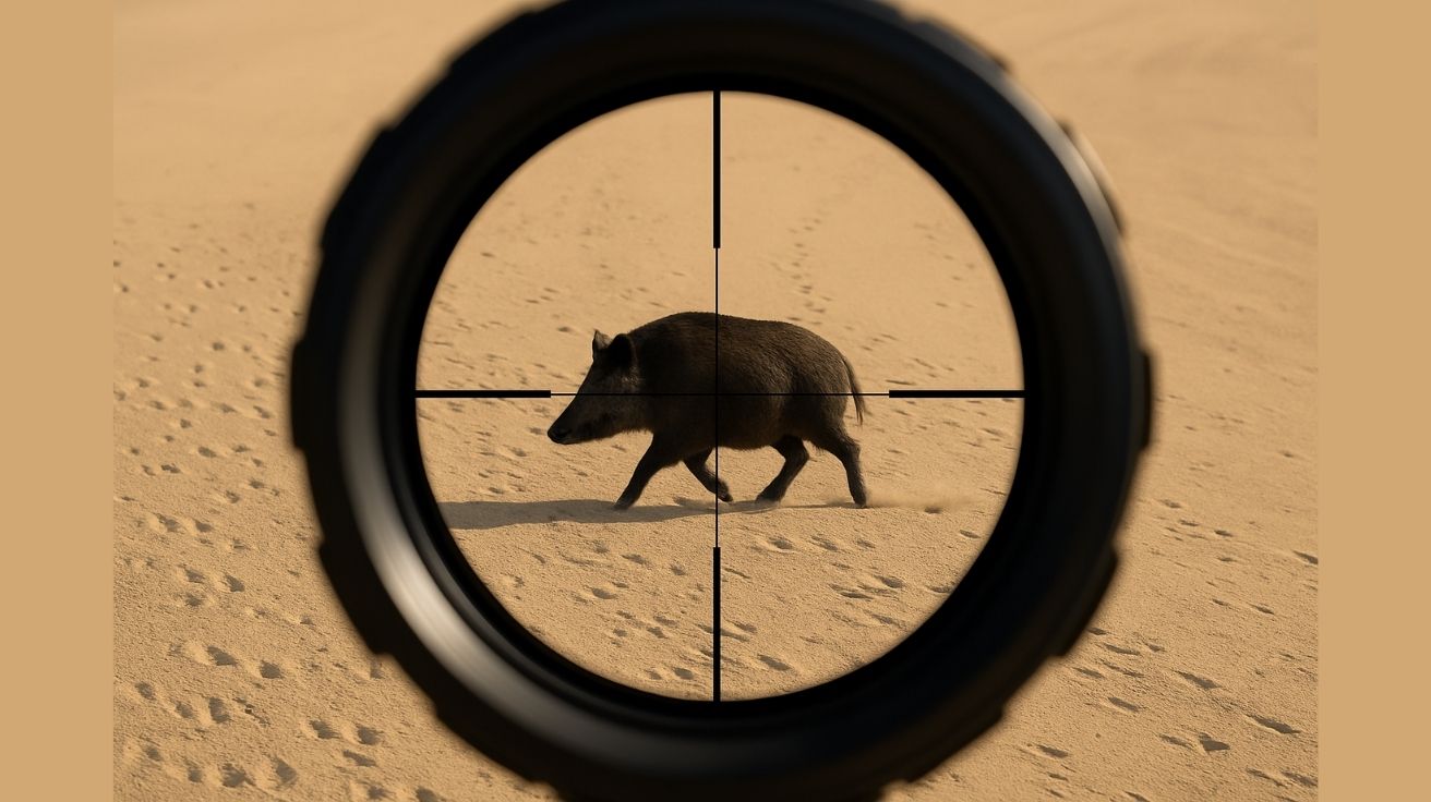 Javali sob a mira de um caçador em fazenda americana durante ação de caça legal no agronegócio