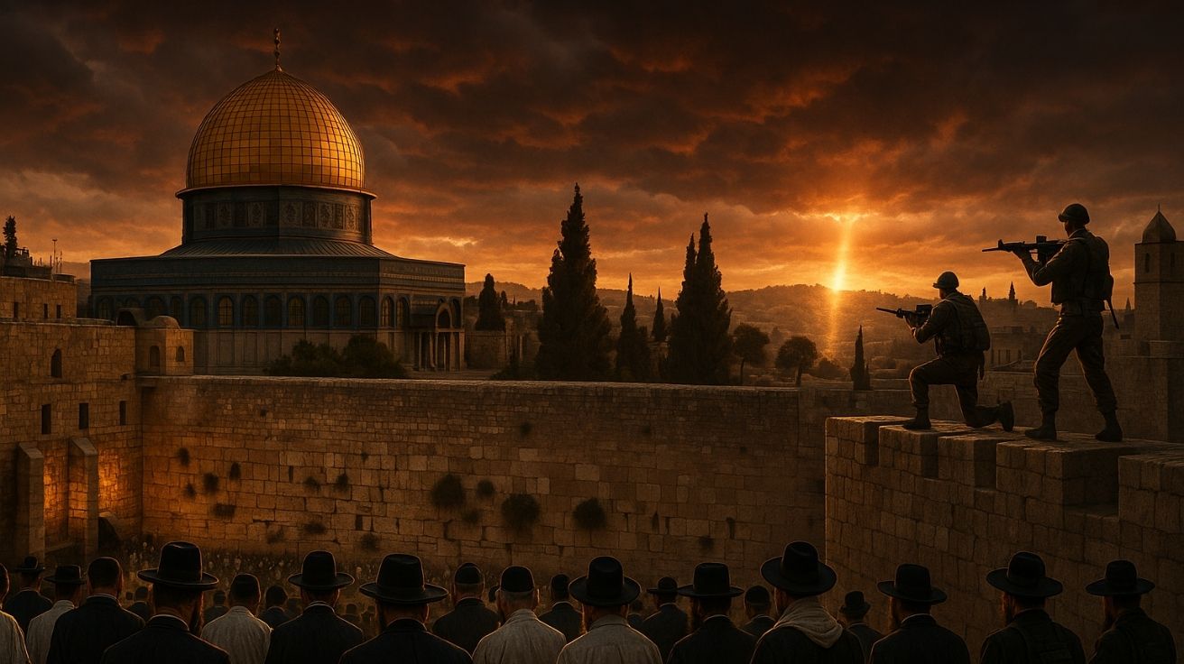 Jerusalém ao entardecer com Muro das Lamentações, fiéis orando, soldados armados nas muralhas e luz sobre o Monte das Oliveiras, remetendo a profecias bíblicas.