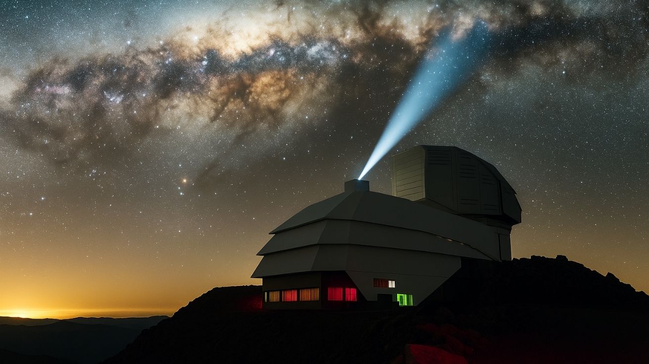 Observatório Vera C. Rubin à noite com feixe de luz da maior câmera do mundo direcionado ao centro da galáxia