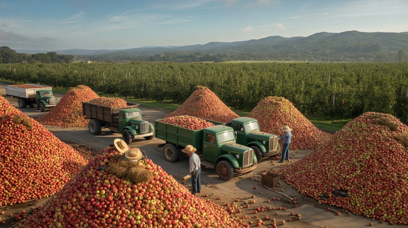 Vista aérea de pomar de maçãs com montes de frutas vermelhas e verdes sendo colhidas por trabalhadores com tratores, em Santa Catarina