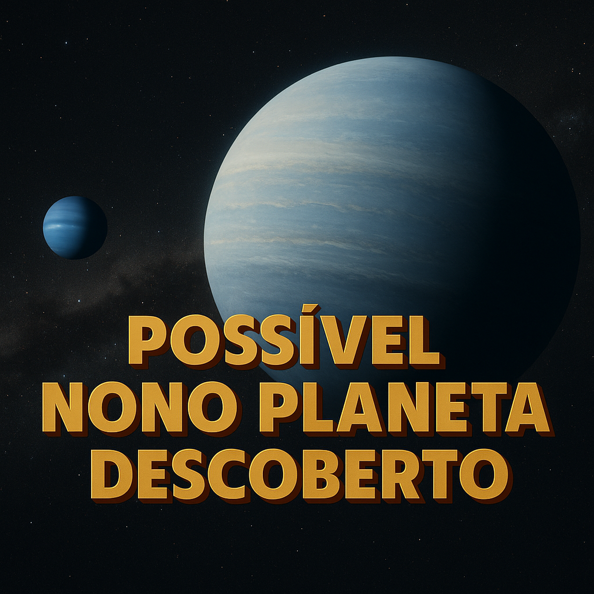 Representação realista do possível Planeta Nove além de Netuno, com frase de impacto em 3D.