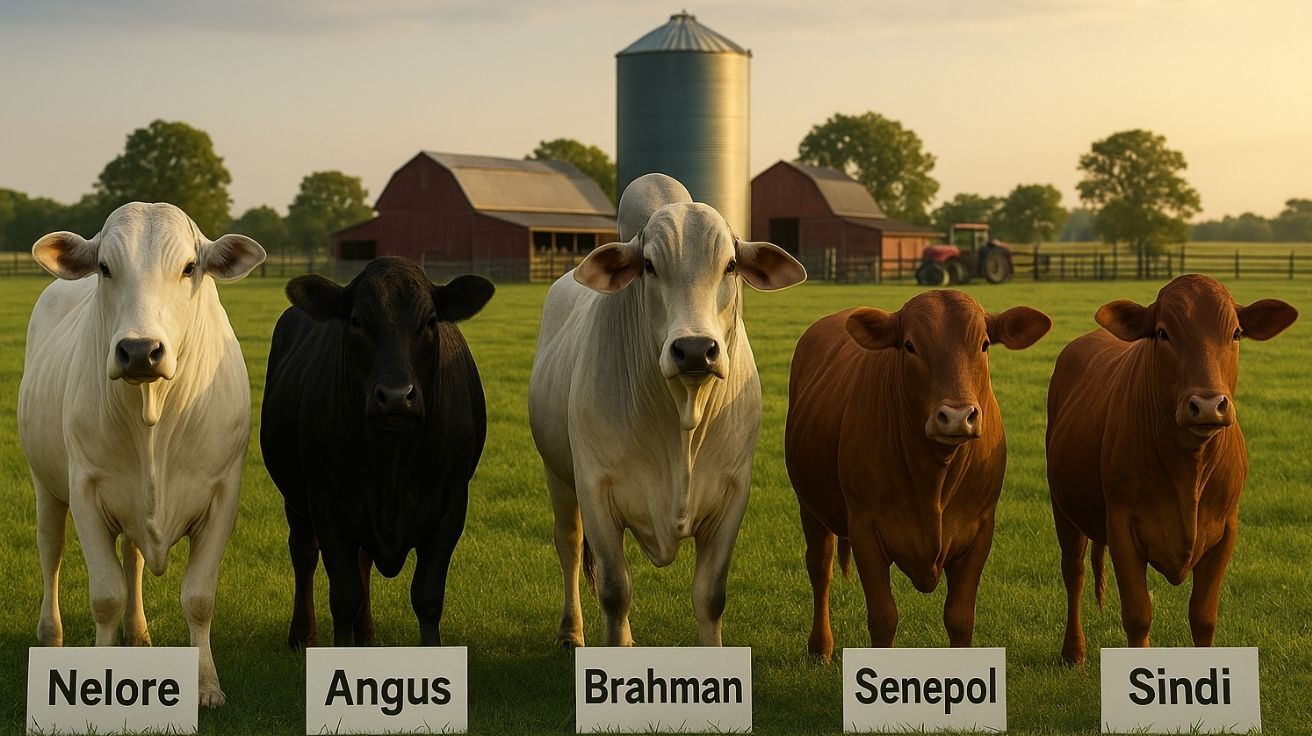 Raças de gado no Brasil — Nelore, Angus, Brahman, Senepol e Sindi — posicionadas lado a lado em pastagem tropical com estrutura rural ao fundo