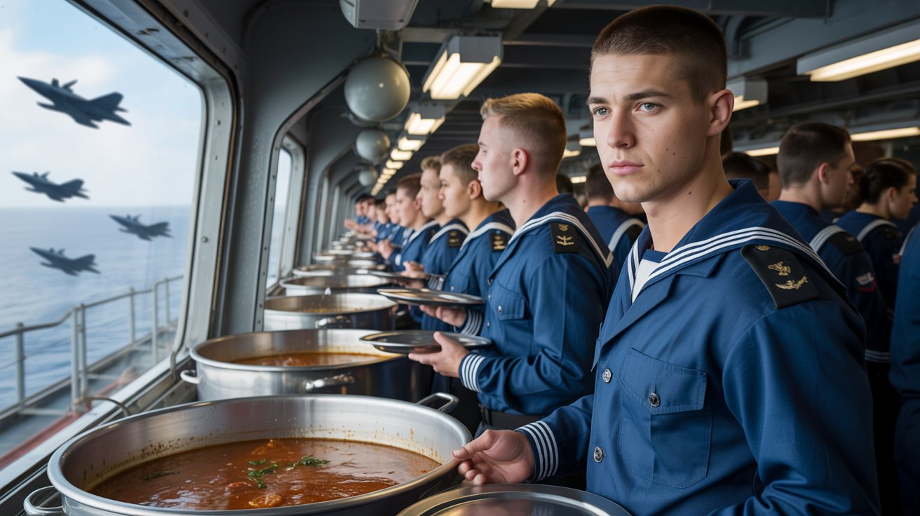 Marinheiros em fila no refeitório de um porta-aviões dos EUA com cozinhas industriais ao fundo