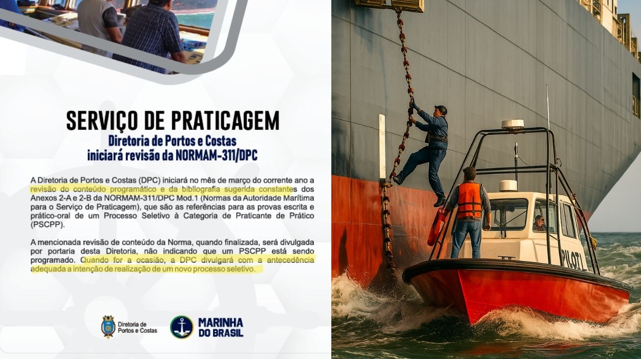 Imagem mostra comunicado da Marinha sobre normas da praticagem ao lado de prático subindo escada em navio cargueiro com mar agitado.