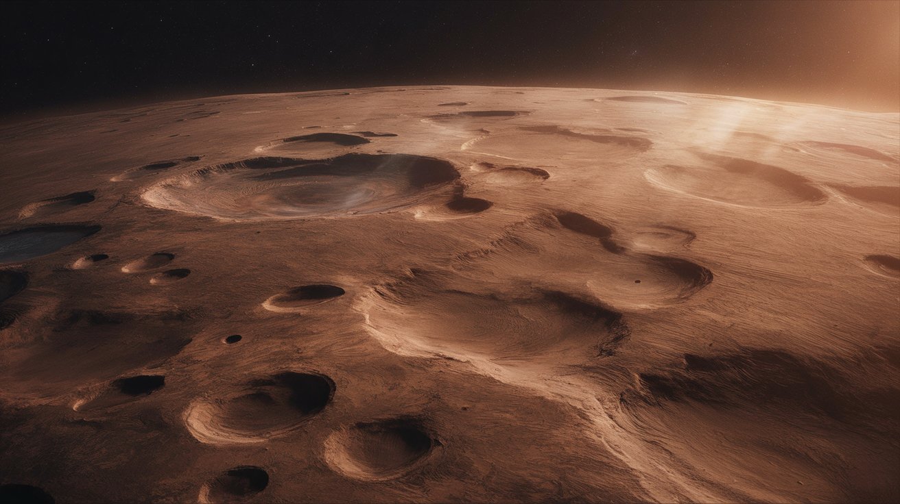 Superfície de Marte vista do espaço, com crateras em destaque e céu escuro com estrelas