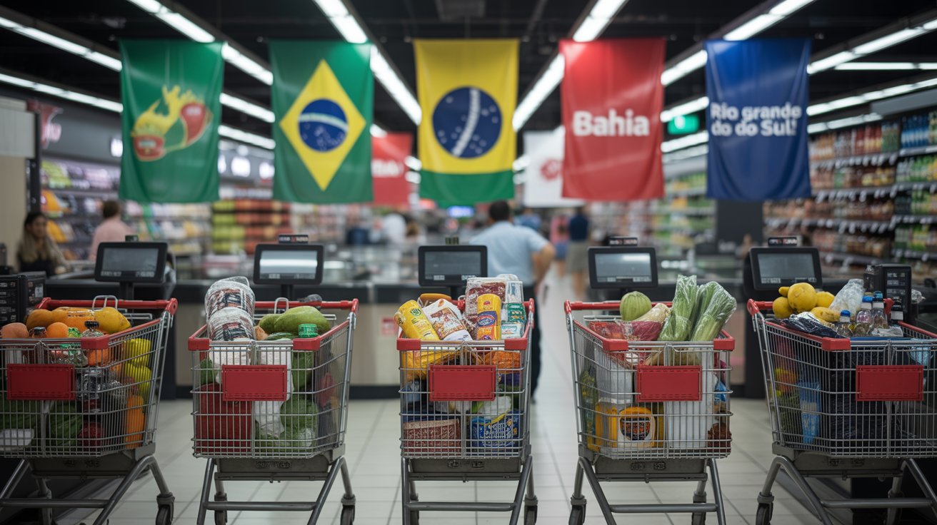 Carrinhos de supermercado lotados representando crescimento das redes regionais