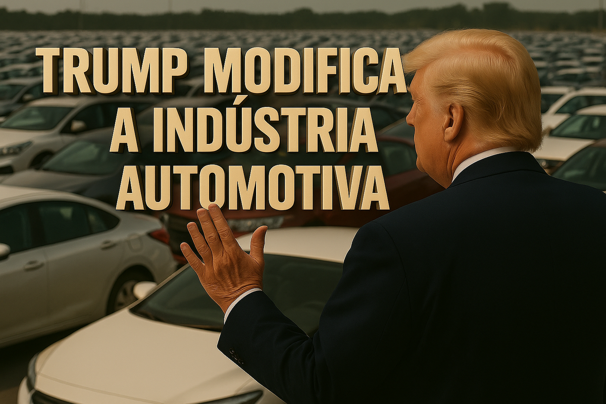 Trump de costas observando pátio repleto de carros com a frase "Trump modifica a indústria automotiva" em destaque