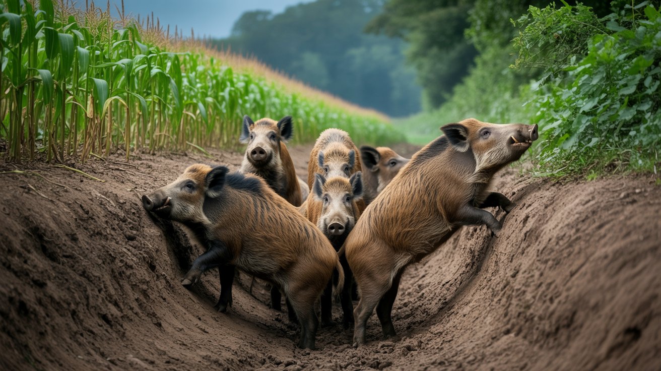Valeta profunda ao redor de plantação para impedir invasão de javalis
