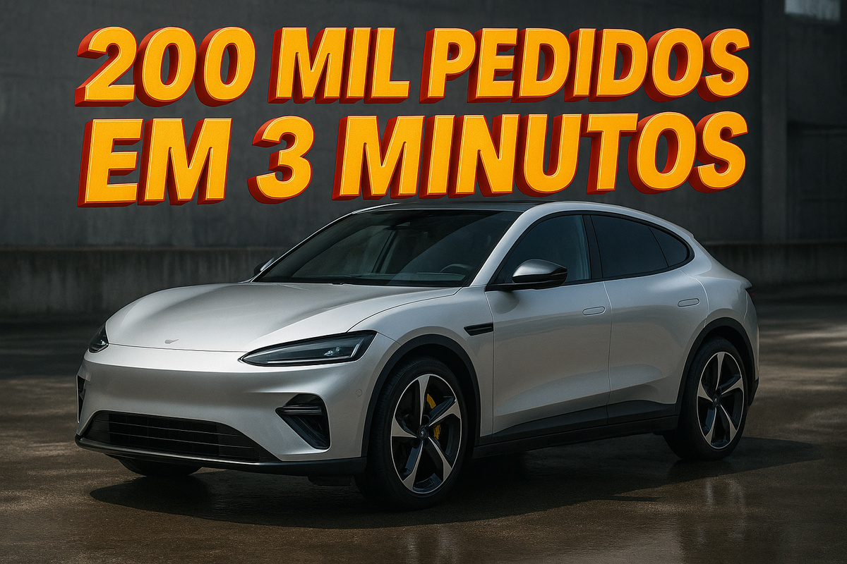 SUV elétrico Xiaomi YU7 estacionado em ambiente urbano com destaque para frase 3D "200 mil pedidos em 3 minutos"