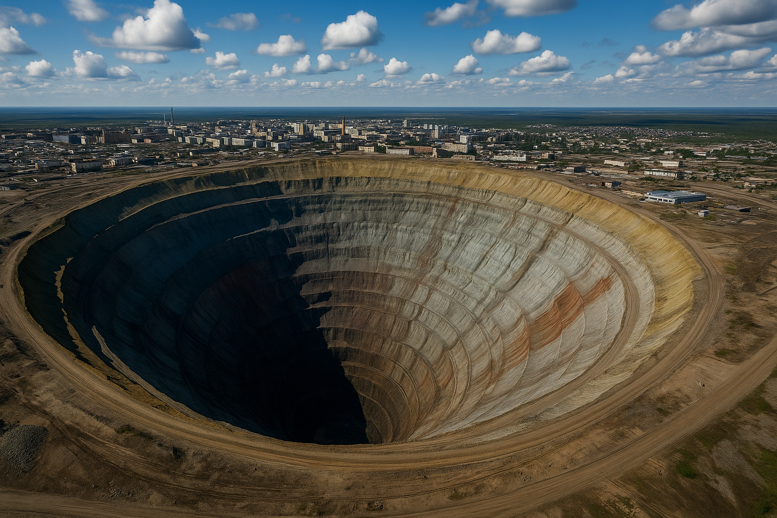 A mina de Mirny, na Sibéria, tem 1,2 km de largura e gerou vórtices tão intensos que voos foram proibidos. Hoje desativada, ainda intriga engenheiros e assusta pilotos.