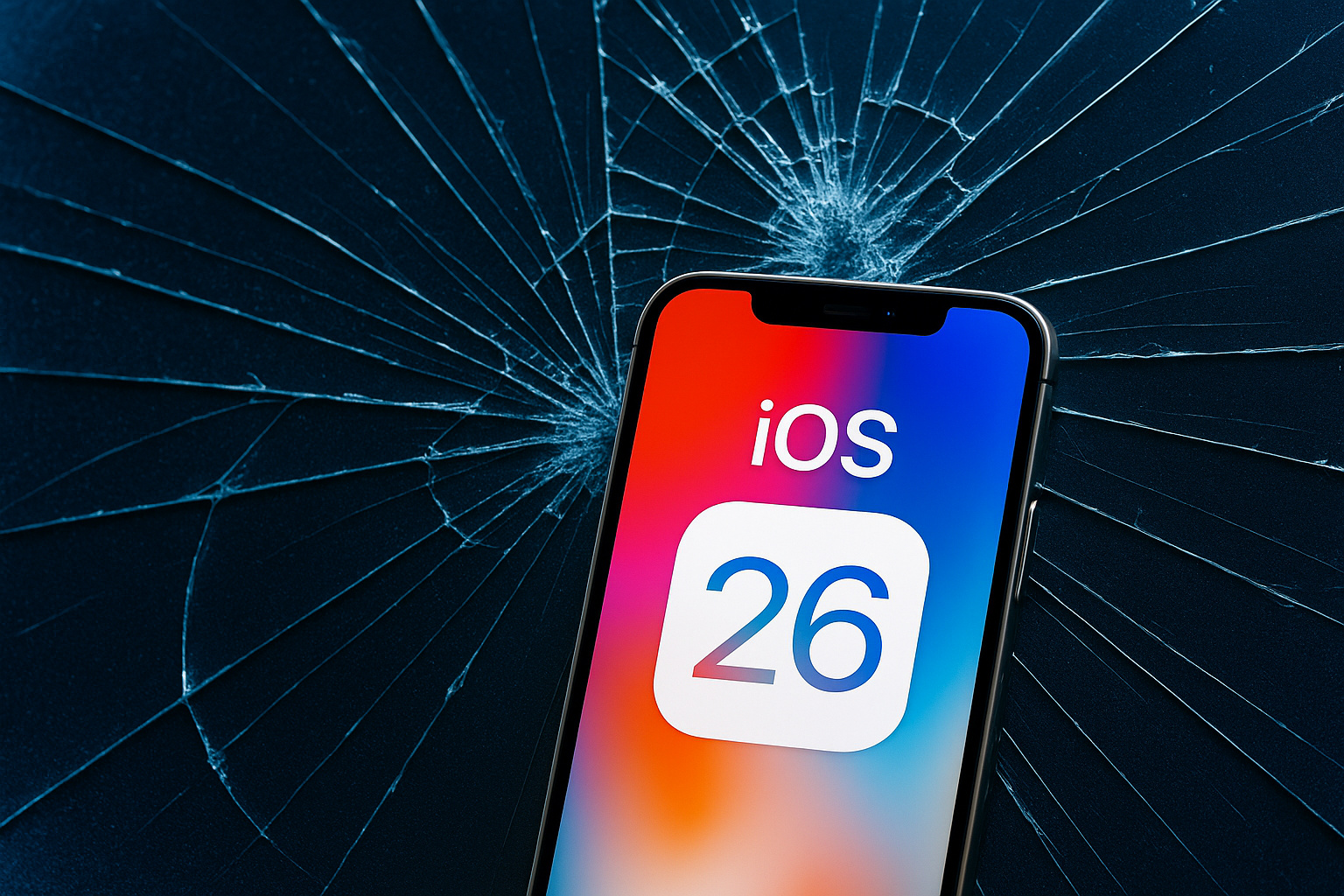 Imagem de um iPhone exibindo o iOS 26 com fundo de vidro quebrado, simbolizando a redução do Liquid Glass pela Apple.