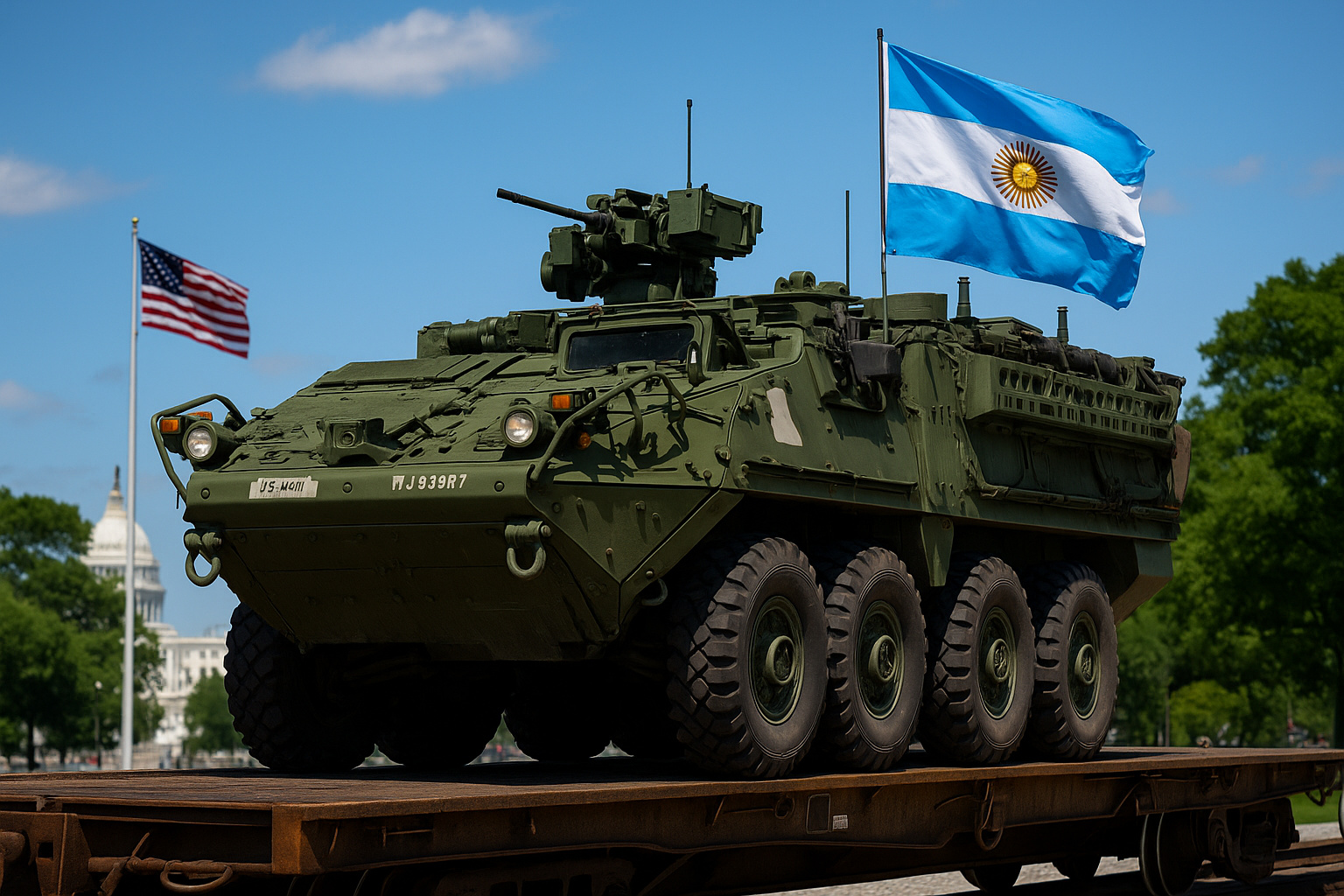 Blindado Stryker do Exército Argentino com bandeiras da Argentina e EUA em acordo de defesa