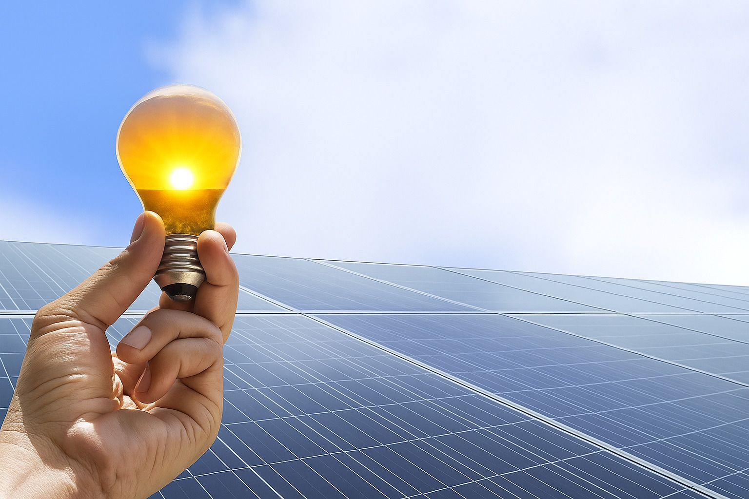Mão segurando lâmpada com sol brilhante dentro, diante de painéis solares sob céu claro.