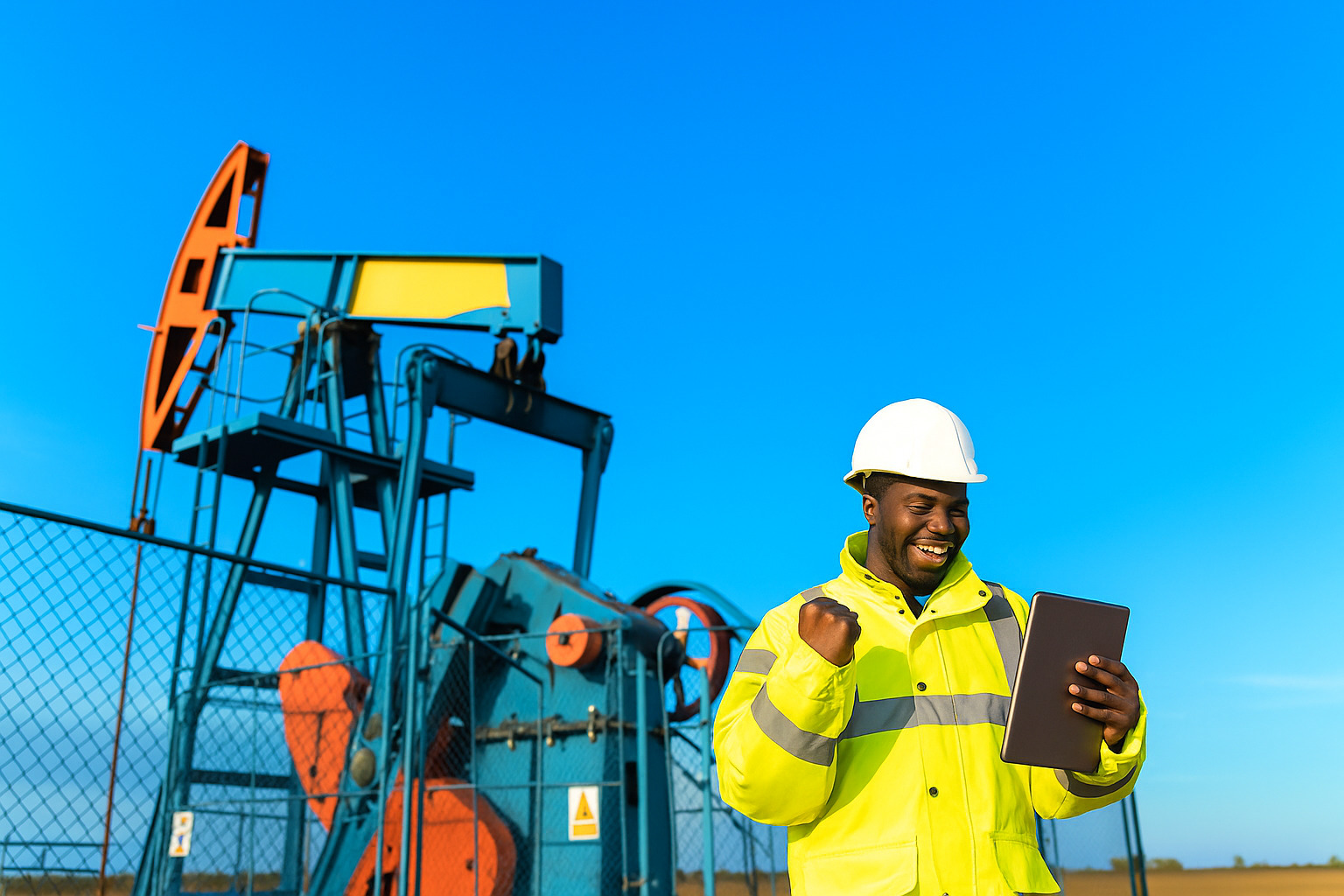 Trabalhador do setor petrolífero comemora resultado positivo ao visualizar dados em tablet, com bomba de extração ao fundo e céu azul.