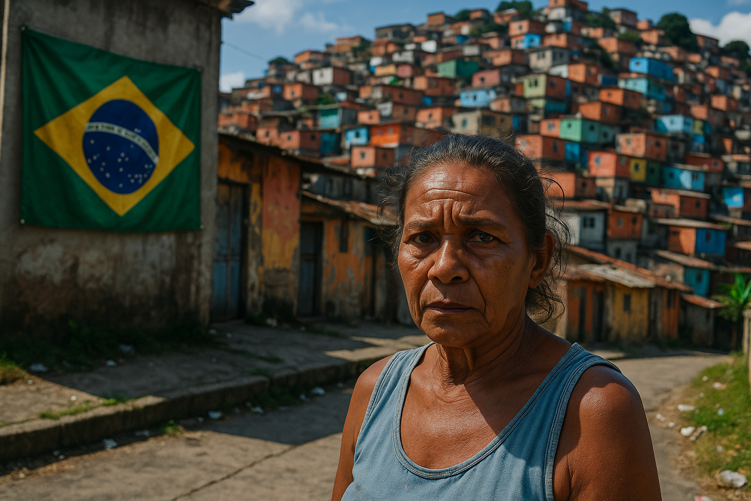 Mulher em favela brasileira simboliza desigualdade e pobreza no Brasil em 2025