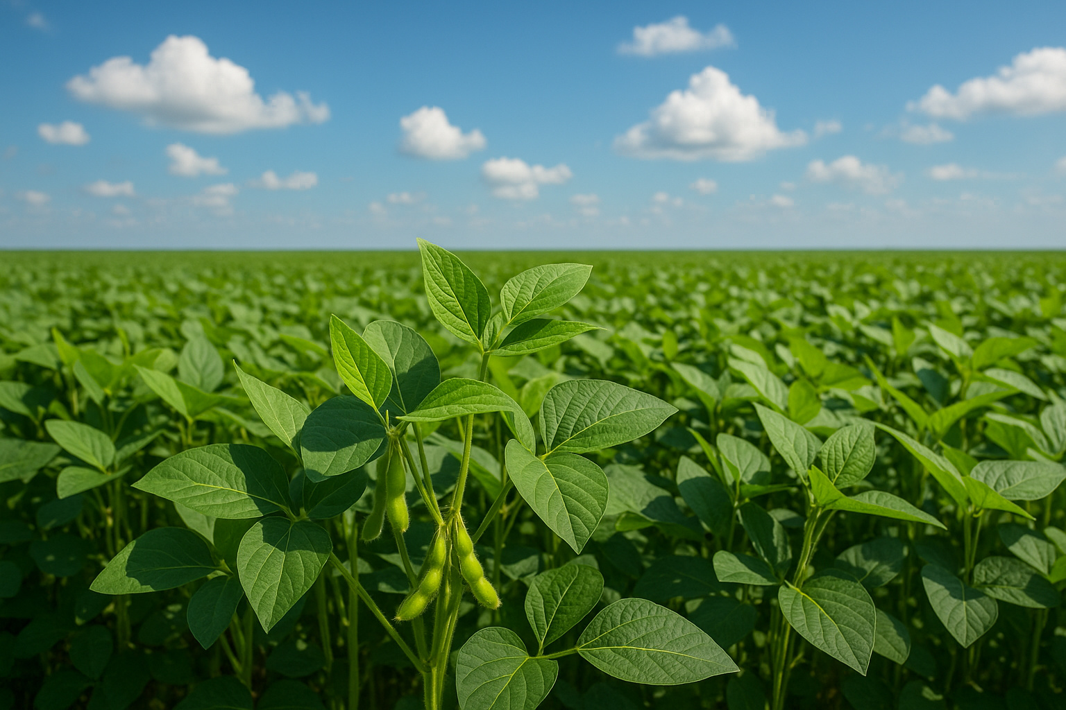 Campo de soja com folhas verdes e céu azul em dia claro, representando produtividade agrícola no Brasil.