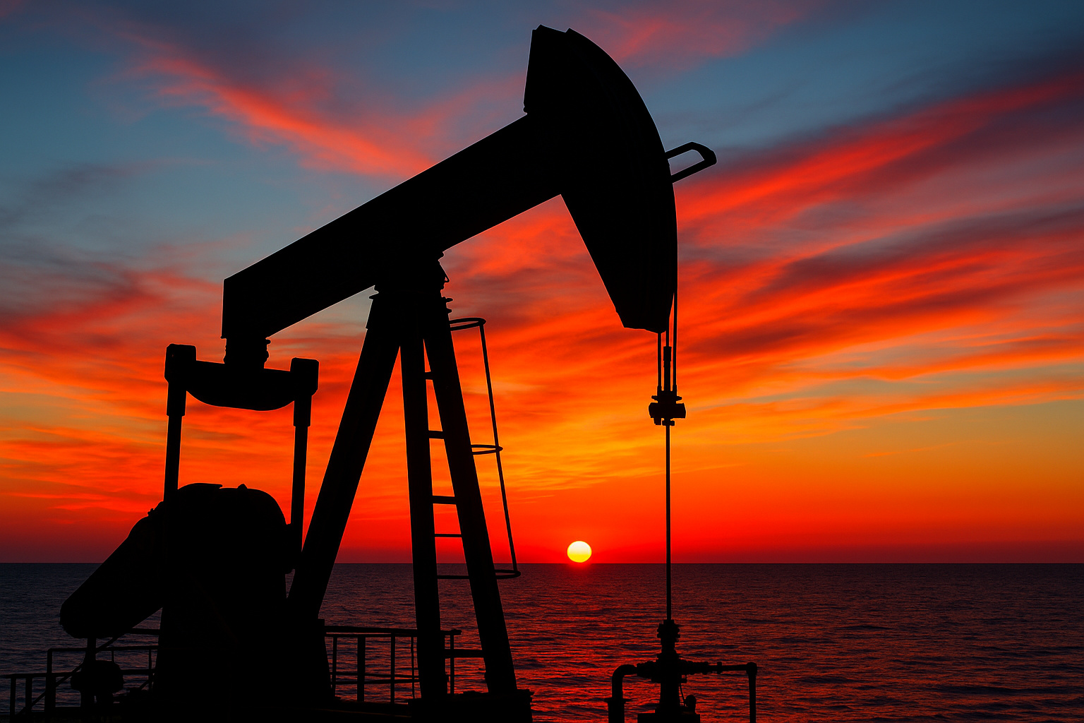 Bomba de petróleo offshore ao entardecer com cores vivas no céu