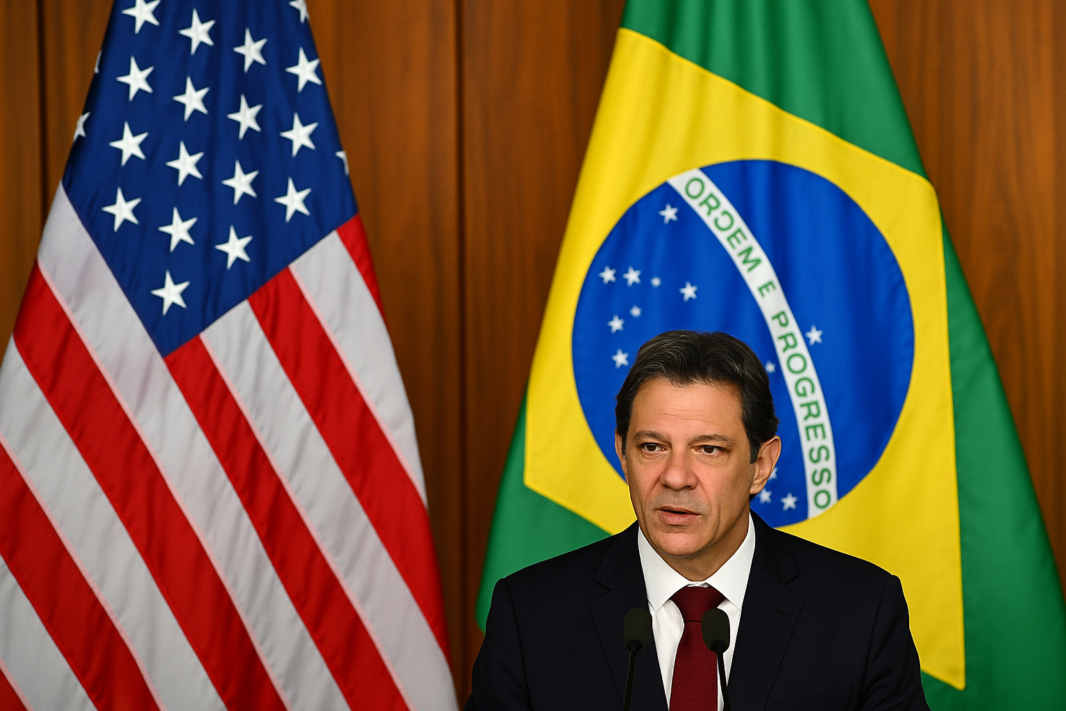 Fernando Haddad em coletiva entre bandeiras do Brasil e dos EUA sobre negociações comerciais