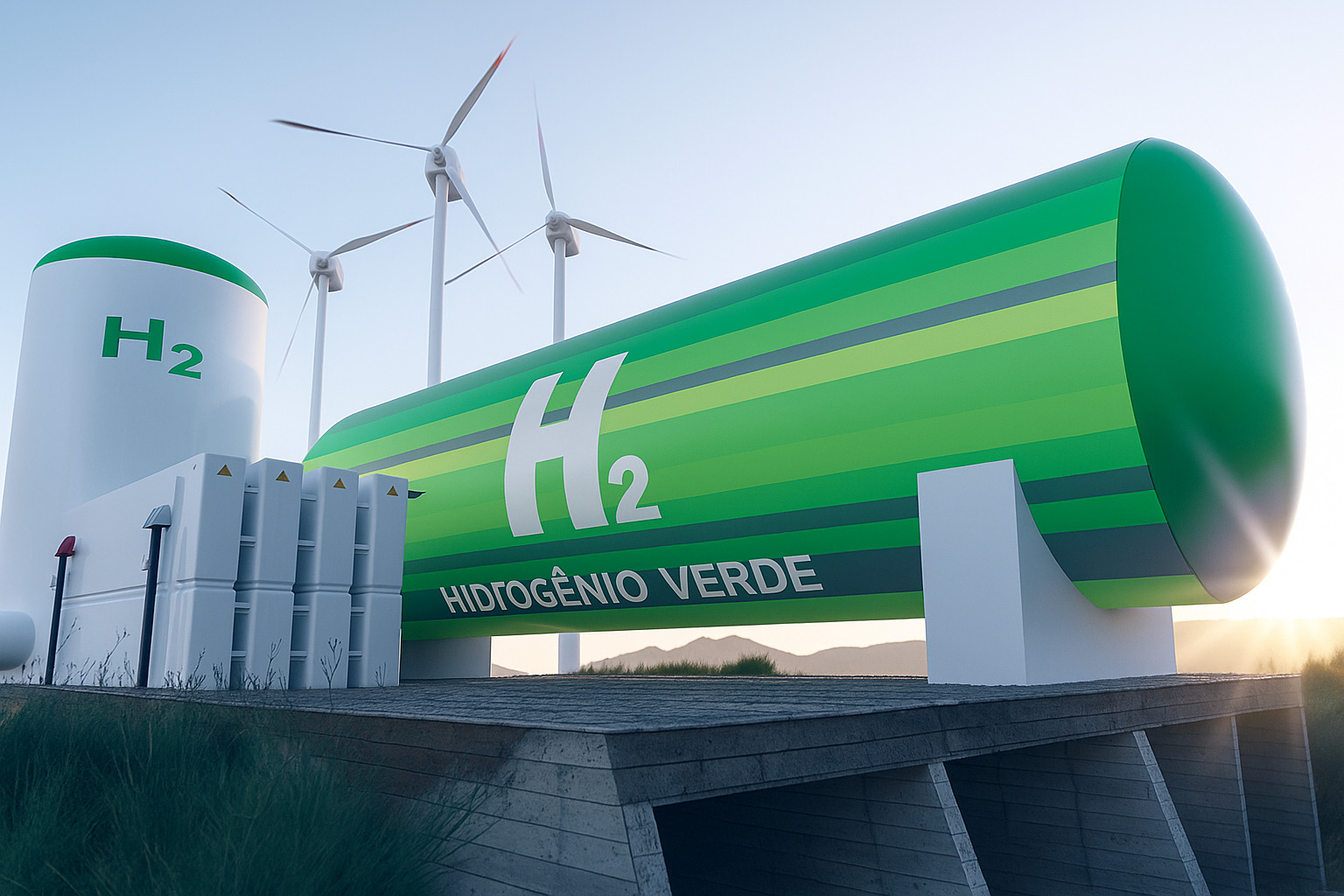 Instalação de hidrogênio verde com tanques e turbinas eólicas ao fundo, simbolizando energia limpa e sustentável.