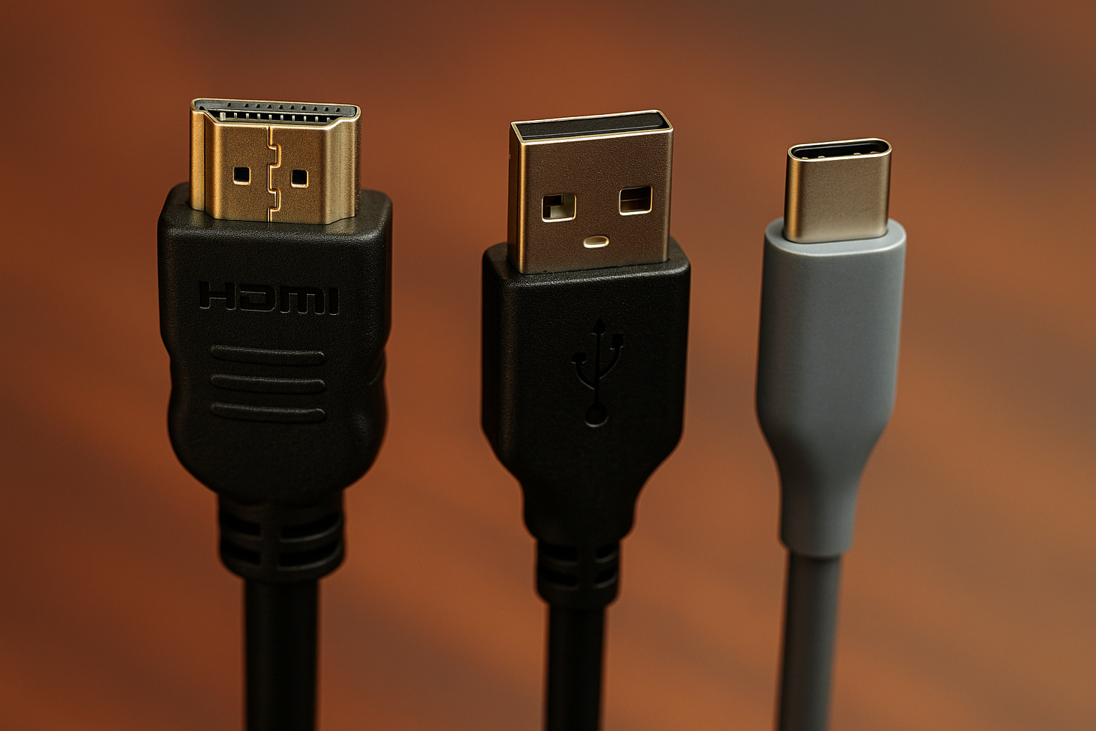 Close-up de cabos HDMI, USB e GPMI representando a disputa tecnológica entre China e EUA