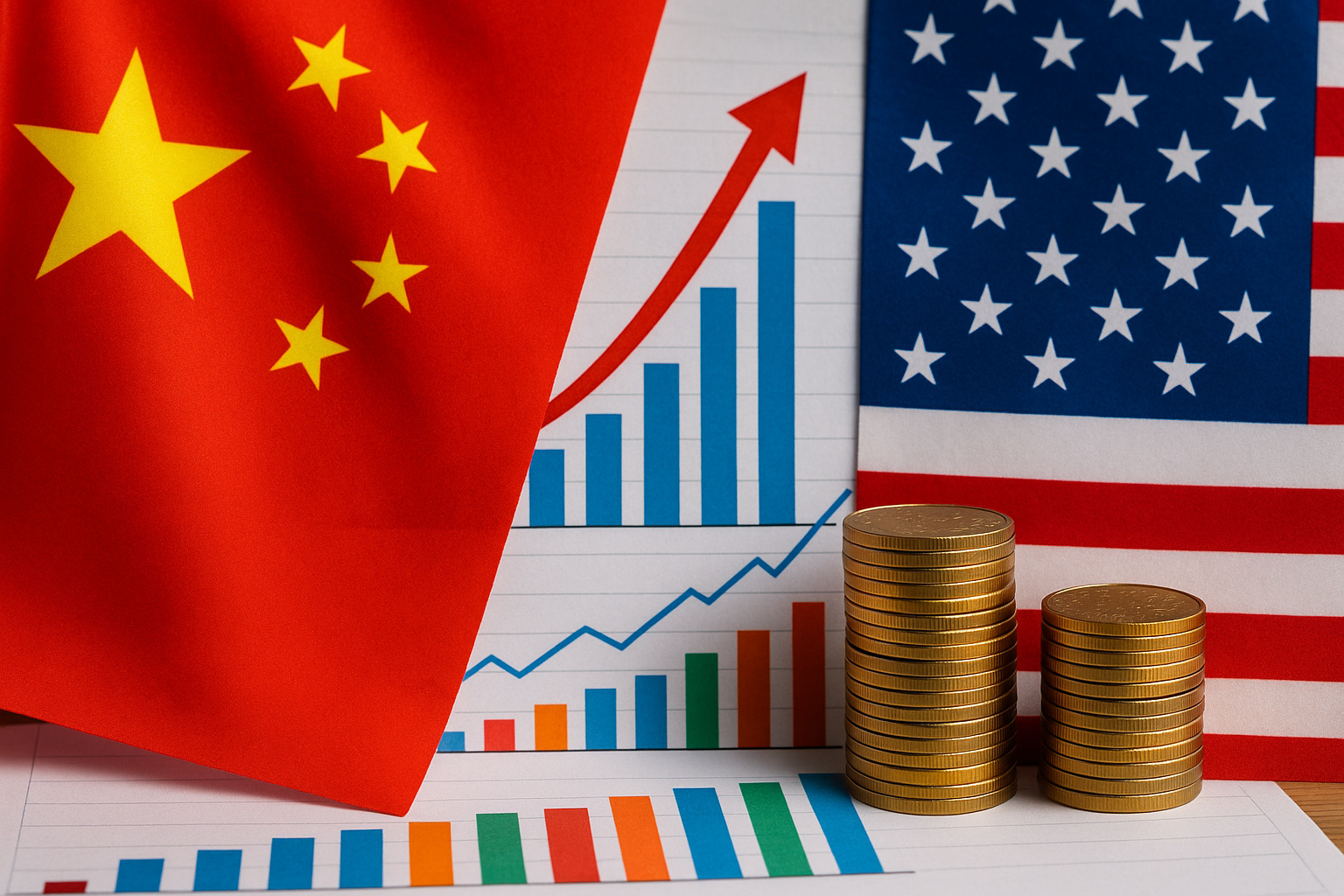 Gráficos de crescimento entre as bandeiras da China e dos EUA com moedas empilhadas ao centro, representando a disputa econômica global.
