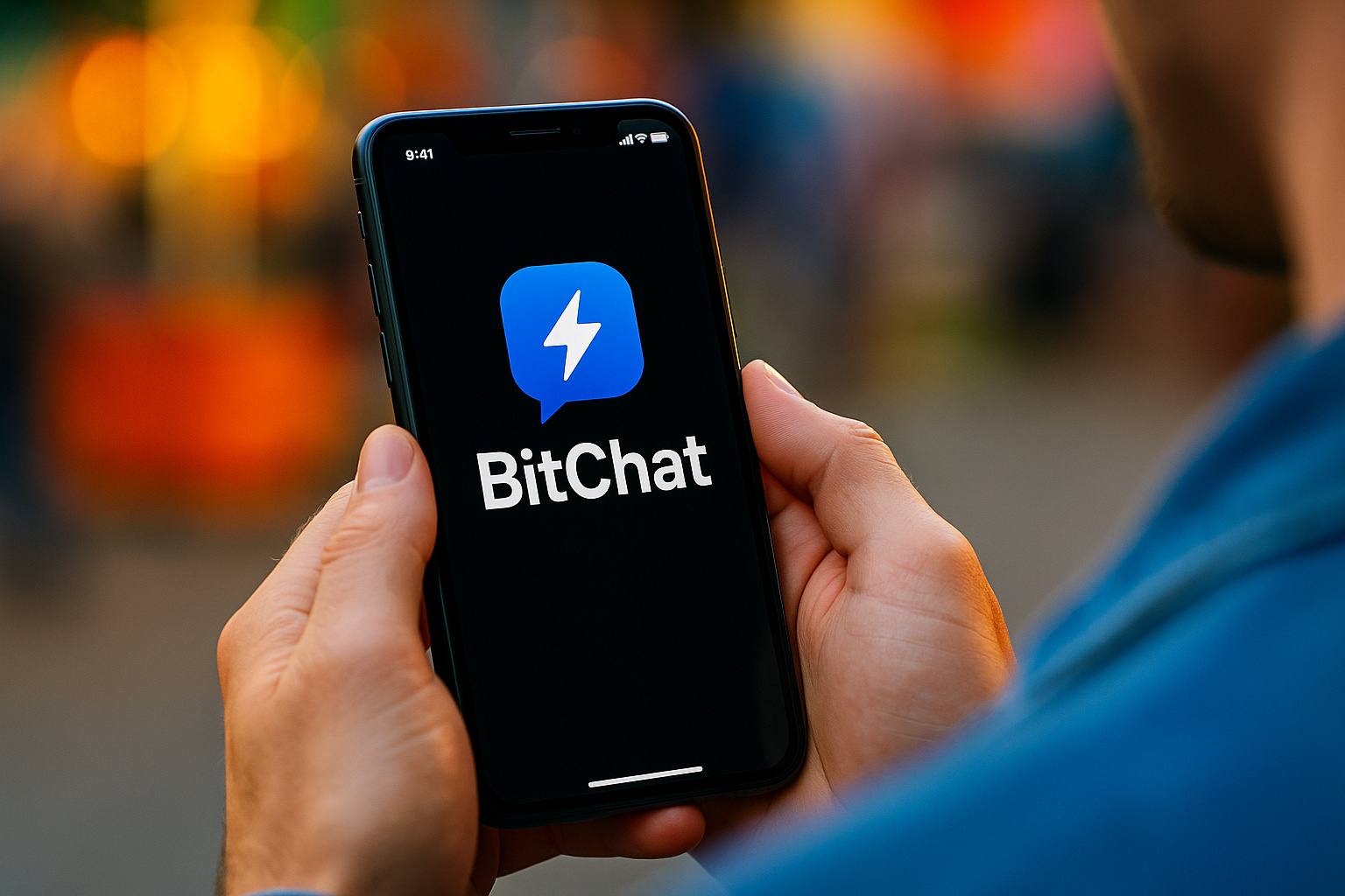 Pessoa segurando celular com app BitChat exibido na tela, simbolizando mensagens offline via Bluetooth Mesh.