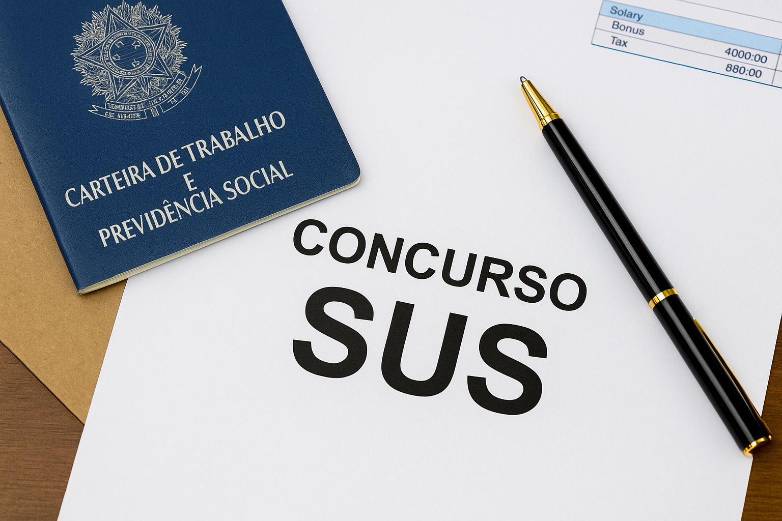 Imagem de material impresso com inscrição “Concurso SUS”, carteira de trabalho e tabela salarial sobre mesa de madeira