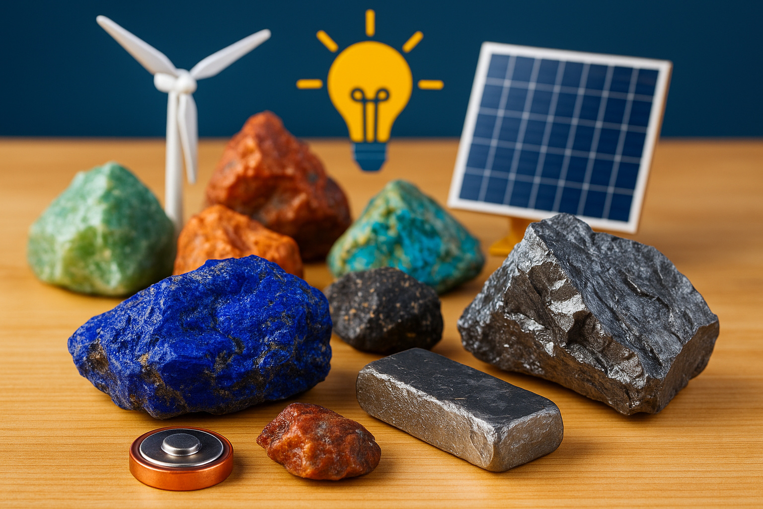 Minerais críticos como cobalto, grafite e lítio com símbolos de energia limpa ao fundo