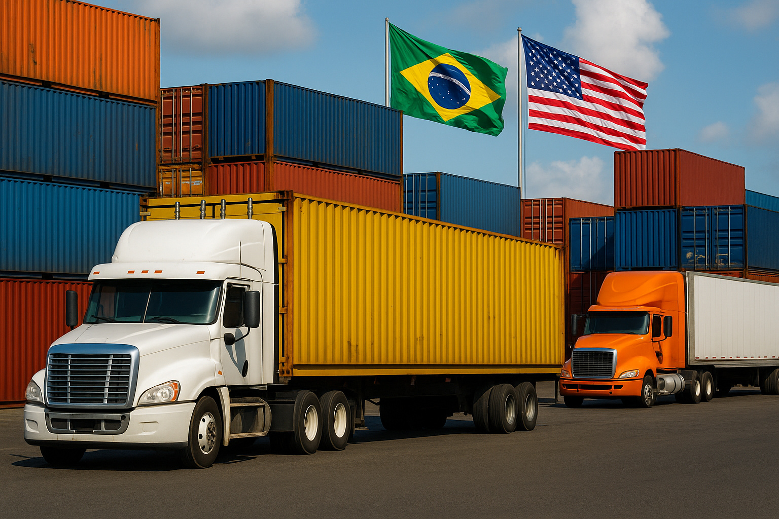 Caminhões de carga em terminal logístico com bandeiras do Brasil e dos Estados Unidos ao fundo