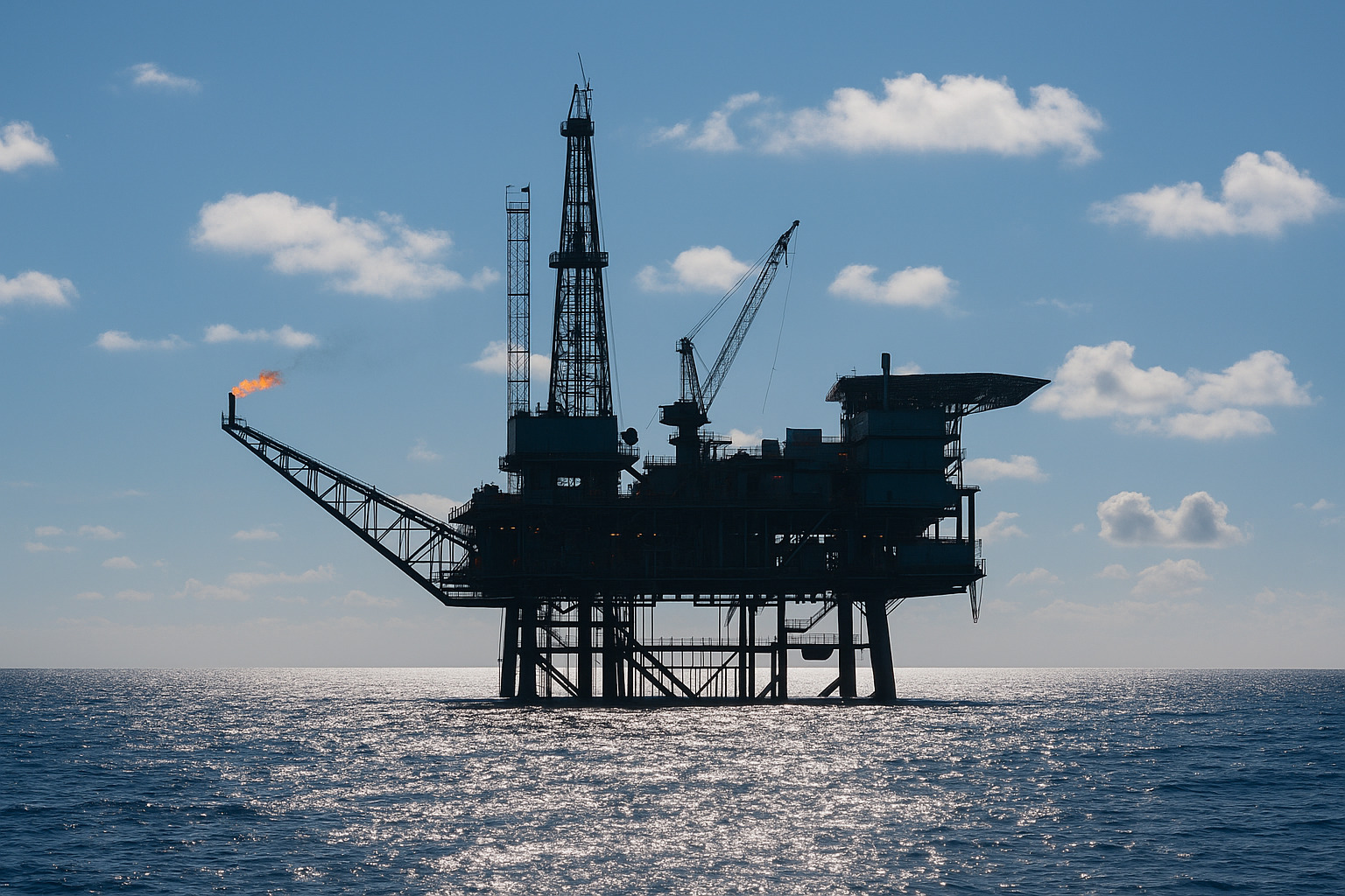 Plataforma de petróleo no mar com céu parcialmente nublado ao fundo