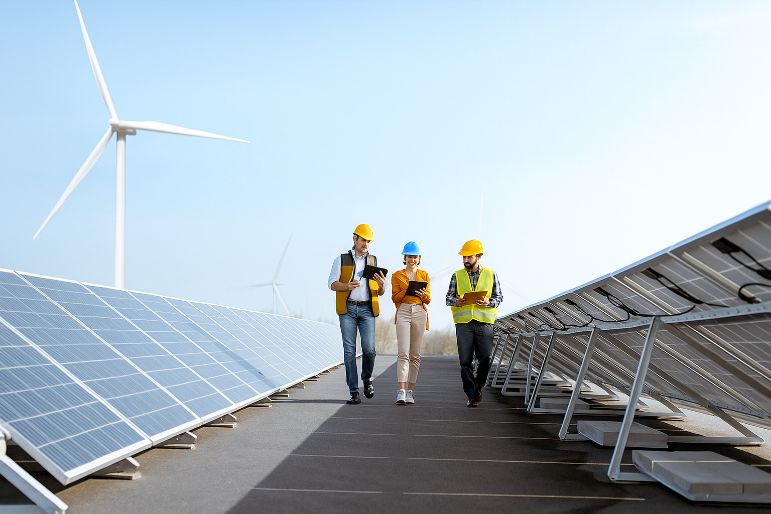 Três profissionais analisando painéis solares em uma usina com turbinas eólicas ao fundo