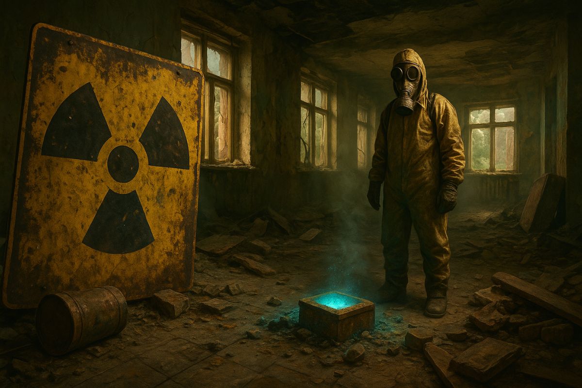 Ilustração sobre o acidente com Césio-137 em Goiânia, o maior acidente radiológico do Brasil, mostrando o símbolo de radiação