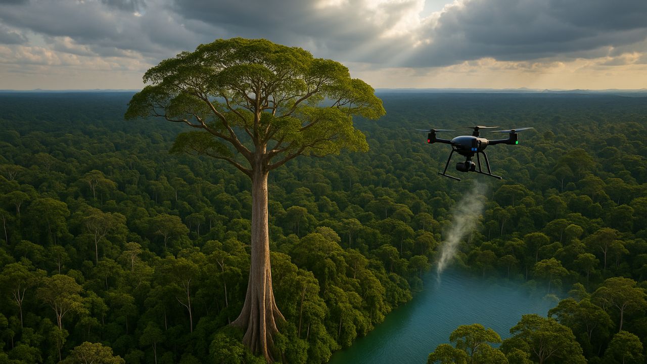 Como pesquisadores brasileiros estão usando a tecnologia dos drones para monitorar a árvore mais alta da Amazônia em tempo real