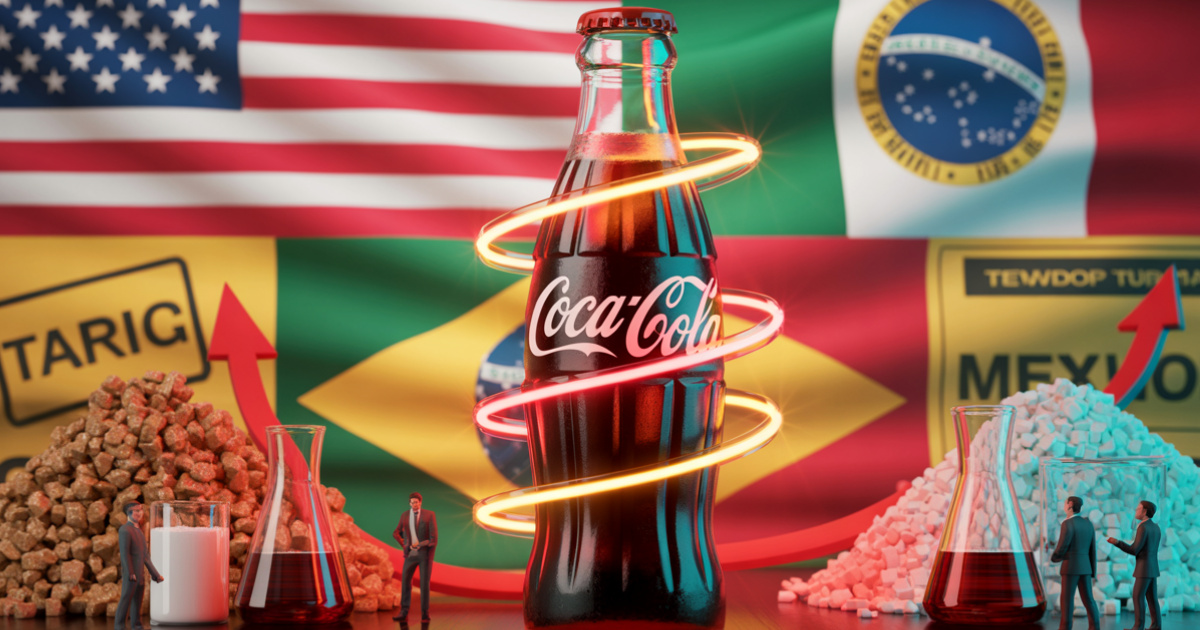 Tarifas dos EUA ameaçam a troca do xarope de milho por açúcar de cana na Coca-Cola e dificultam a mudança prometida por Trump. (Imagem: Reprodução/IA)