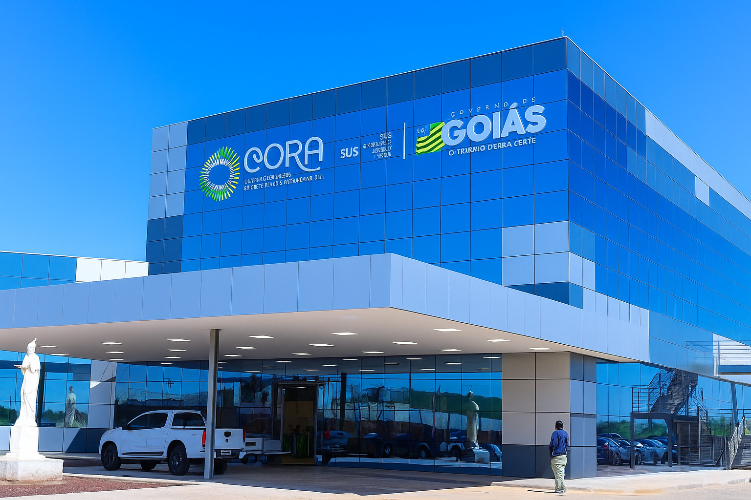 Fachada do prédio do CORA em Goiás com iluminação intensa de meio-dia e céu azul limpo.