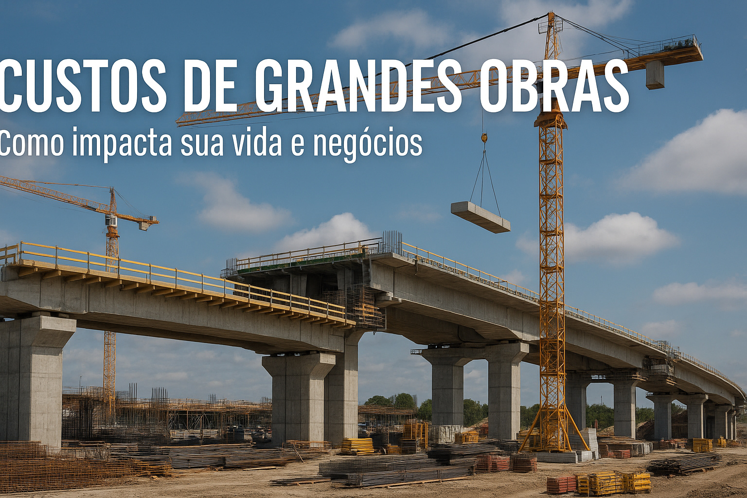 Construção de ponte de concreto com guindastes e vigas, representando os custos de grandes obras de infraestrutura.