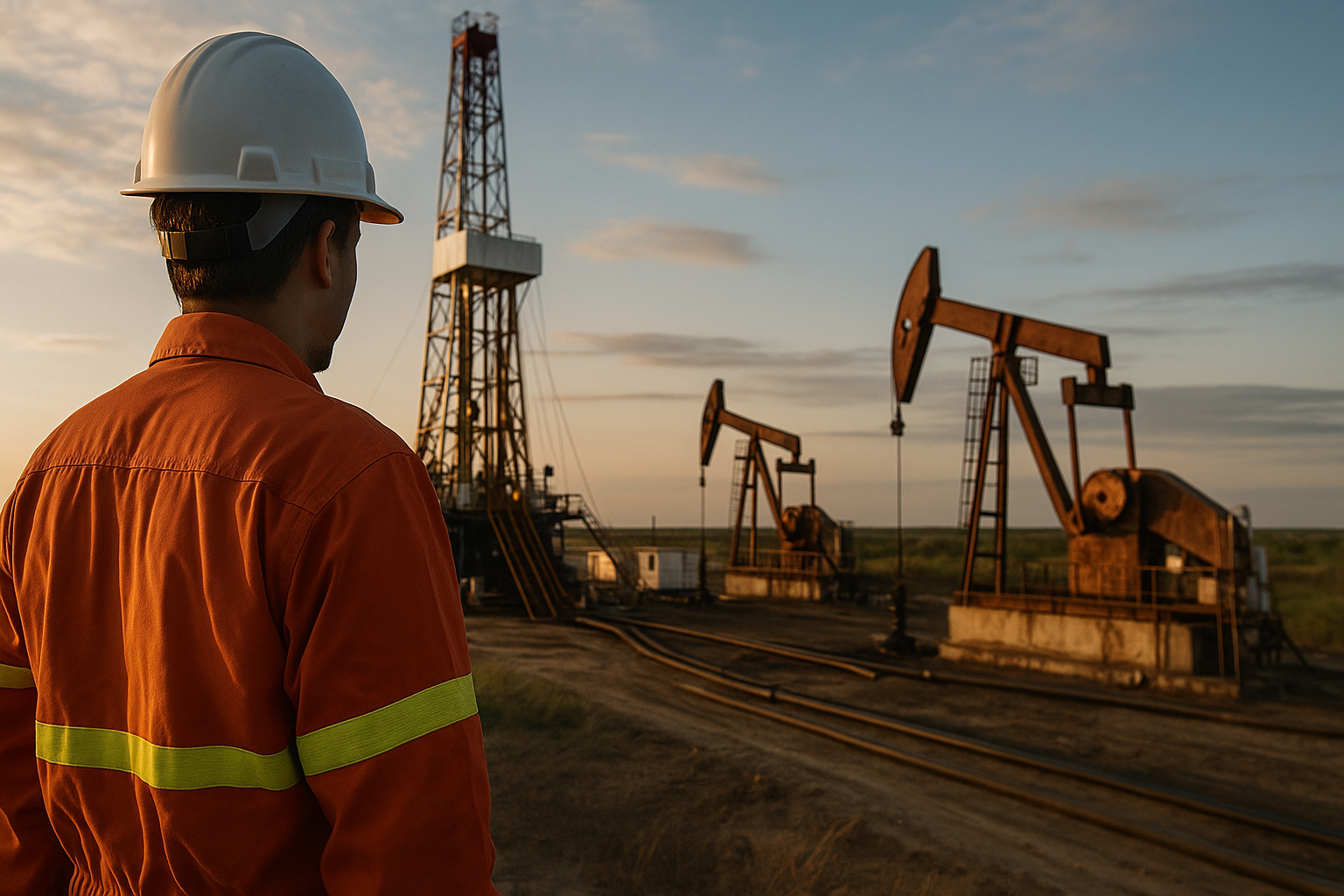 Trabalhador observa campo de extração de petróleo ao entardecer com sondas e bombas operando.